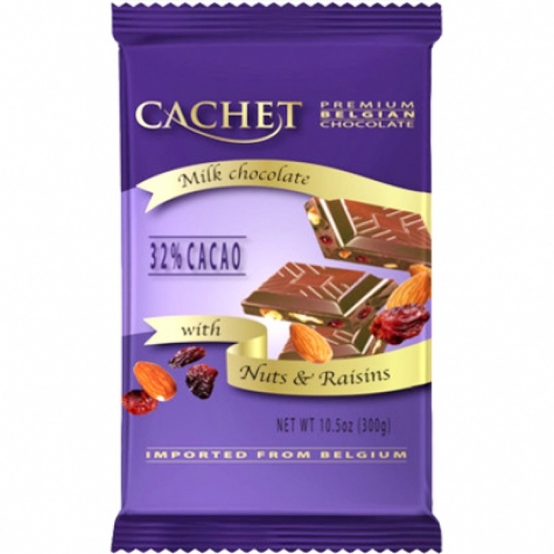Шоколад Cachet 32% молочний з родзинками і мигдалем 300г