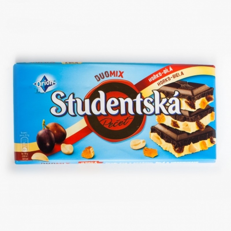 Шоколад Studentska чорний та бiлий з родзинками та арахiсом 180г